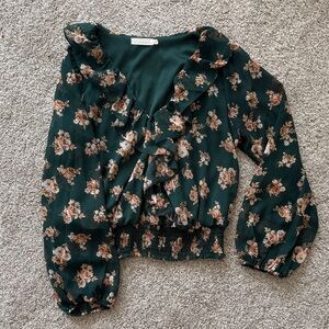 Floral Ruffle V-Neck Blouse - emerald Green